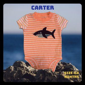 CARTERS SHARK FISH THEMED BABY BODYSUIT ORANGE LINED SIZE 12 MONTHS